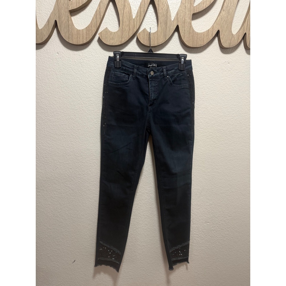 Joseph Ribkoff Rhinestone Embellished Skinny Jeans Indigo Blue Raw Hem Size 8